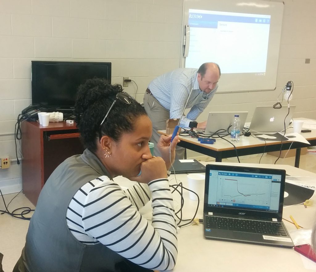 With Glenn Starkey at the front of the class a teacher at the Strait regional district school board contemplates the effect of a drop of water on the probe's measurement of temperature.